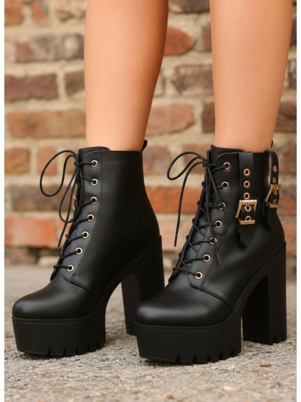 Black Platform Lace-Up Chunky Heel Ankle Boots With Side Zipper & Gold Buckle De